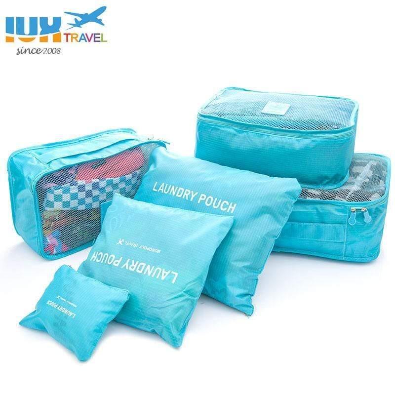 Planet Gates light blue 6pcs/set Men and Women Luggage Travel Bags Packing Cubes Organizer Fashion Double Zipper Waterproof Polyester Bag Wholesale