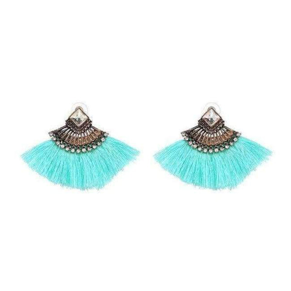 Planet Gates Light blue Bohemia Dangle Drop Earrings Women Accessories Fan Shaped Cotton Handmade Tassels Fringed Earrings Ethnic Jewelry