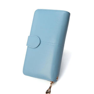 Planet Gates light blue Female Purse Women Leather Wallet Long Trifold Coin Purse Card Holder Money Clutch Wristlet Multifunction Zipper