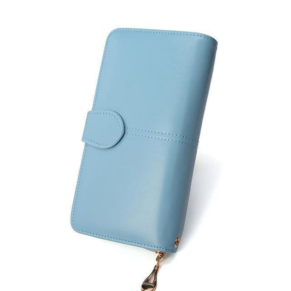 Planet Gates light blue Female Purse Women Leather Wallet Long Trifold Coin Purse Card Holder Money Clutch Wristlet Multifunction Zipper