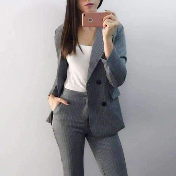 Planet Gates light blue / S Fashion Pant Suits 2 Piece Set for Women Double Breasted Striped Blazer Jacket & Trouser Office Lady Suit Feminino 2018