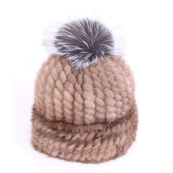 Planet Gates light brown / One Size Mink Real Fur Beanies Winter Hats for Women Warm Designer Cap with Pompom Fox Fur Ladies Brand New Russian Women Girls Caps 2018