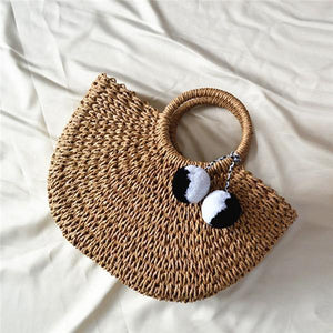 Planet Gates light brown / small Summer Handmade Bags Women Pompon Beach Weaving Ladies Straw Bag Wrapped Beach Bag Moon shaped Bag
