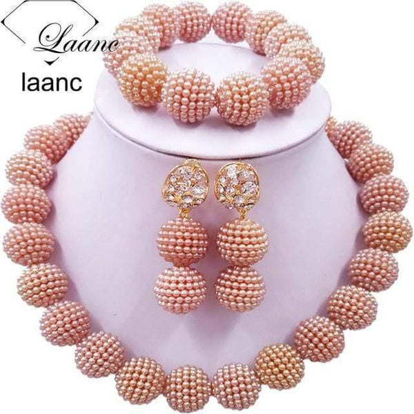 Planet Gates Light Coffee African Beads Jewelry Set for Nigerian Wedding Simulated Pearl Necklace and Earrings SP1R004