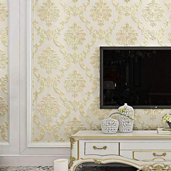 Planet Gates Light Gold / 5.3㎡ European Style Non-woven Wallpaper Luxury Damask 3D Stereoscopic Relief Damascus Bedroom Living Room Wall Paper Home Decor Paper
