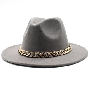 Planet Gates Light Gray / L(58-60cm) American Big Chain Fedoras Faux Woolen Brim Felt Cap Jazz Men Women Hat
