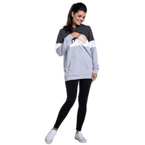 Planet Gates Light Gray / L Plus Size Pregnancy Nursing Long Sleeves Maternity Clothes Hooded Breastfeeding Tops Patchwork T-shirt for Pregnant Women