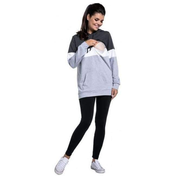 Planet Gates Light Gray / L Plus Size Pregnancy Nursing Long Sleeves Maternity Clothes Hooded Breastfeeding Tops Patchwork T-shirt for Pregnant Women