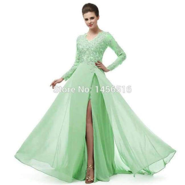 Planet Gates Light green / 6 Long Sleeve A Line V Neck Chiffon Lace Beaded Long Evening Dresses 2018 Robe De Soiree Manche Longue 122416W