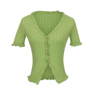 Planet Gates Light Green / M Knitted Short Ruffles Sleeve Shirt Crop Top Unif Sexy Street Wear White Femme Short Sleeve funny T Shirt Summer