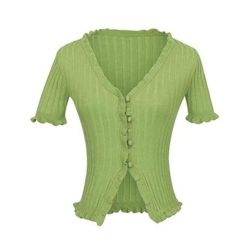 Planet Gates Light Green / M Knitted Short Ruffles Sleeve Shirt Crop Top Unif Sexy Street Wear White Femme Short Sleeve funny T Shirt Summer