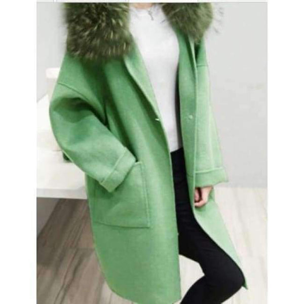 Planet Gates light green / M Women coat winter  faux fur  warm outwear casual  mid- long-coat green one button loose plus size 2XL wool long coat women