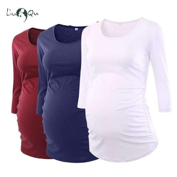 Planet Gates Light Grey / L Women's Blouse Maternity Clothes Side Ruched 3 Quarter Sleeve Maternity Scoop Neck Jersey Top Pregnancy Clothes for Women Tops