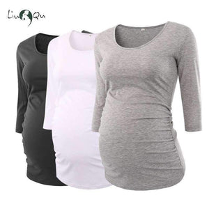 Planet Gates Light Grey / L Women's Blouse Maternity Clothes Side Ruched 3 Quarter Sleeve Maternity Scoop Neck Jersey Top Pregnancy Clothes for Women Tops