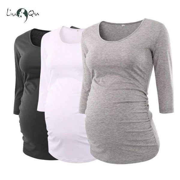 Planet Gates Light Grey / L Women's Blouse Maternity Clothes Side Ruched 3 Quarter Sleeve Maternity Scoop Neck Jersey Top Pregnancy Clothes for Women Tops