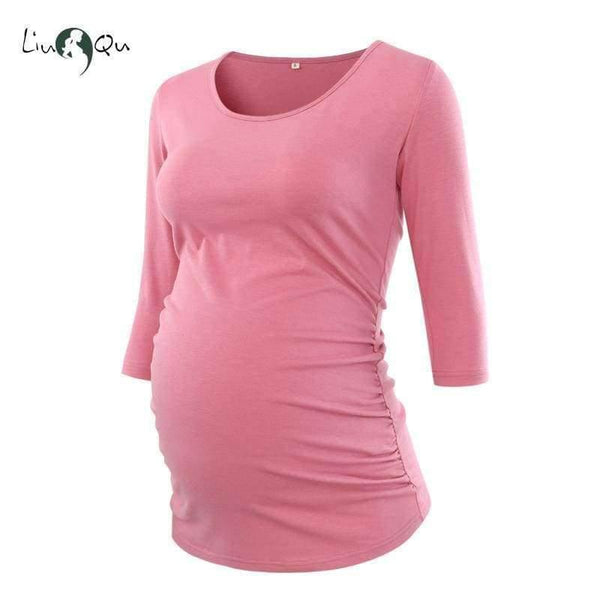 Planet Gates Light Grey / L Women's Blouse Maternity Clothes Side Ruched 3 Quarter Sleeve Maternity Scoop Neck Jersey Top Pregnancy Clothes for Women Tops