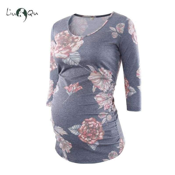 Planet Gates Light Grey / L Women's Blouse Maternity Clothes Side Ruched 3 Quarter Sleeve Maternity Scoop Neck Jersey Top Pregnancy Clothes for Women Tops