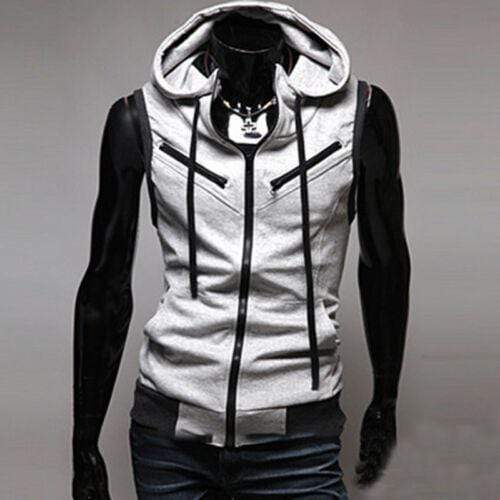 Planet Gates Light Grey / Tag M / CN Mens Hooded Sleeveless Zip Casual Sweatshirt Hoodies Jacket Vest Waistcoats Top