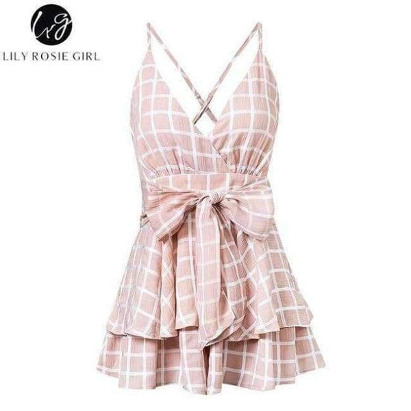 Planet Gates Light Pink / S Girl V Neck Sexy Female Playsuit Plaid Boho Floral Playsuit Shorts Jumpsuit Romper Bodysuit for Women 2018 Streetwear