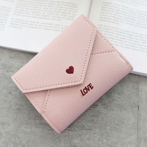Planet Gates Light pink Women Wallets Purse  Mini Wallet Love Heart-shaped Embroidery Line Lychee Pattern Multifunctional Wallet 3 Fold Small Wallet