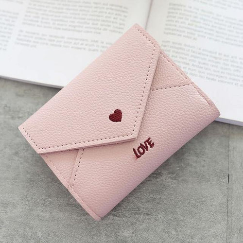 Planet Gates Light pink Women Wallets Purse  Mini Wallet Love Heart-shaped Embroidery Line Lychee Pattern Multifunctional Wallet 3 Fold Small Wallet