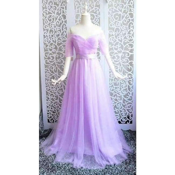 Planet Gates Light purple / 6 -Emily Long Purple Red Gray Cheap Bridesmaid Dresses 2018 A-Line Off the Shoulder Half Sleeve Vestido da dama de honra