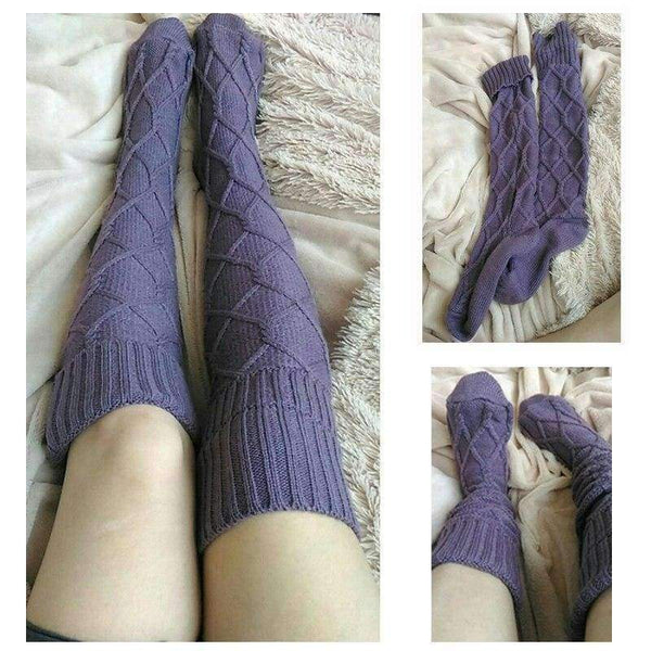 Planet Gates Light Purple Warm Autumn Knit Over Knee Socks Thigh High School girl Solid Color 1 Pair Hosiery