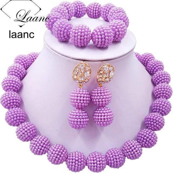 Planet Gates Lilac African Beads Jewelry Set for Nigerian Wedding Simulated Pearl Necklace and Earrings SP1R004