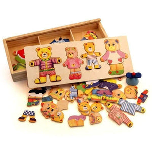 Planet Gates Little bear change clothes Children's early education Wooden jigsaw Puzzle Dressing game Baby Wooden Puzzle toys free shipping