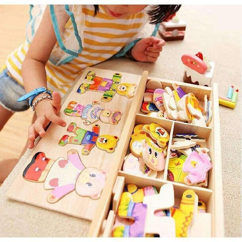 Planet Gates Little bear change clothes Children's early education Wooden jigsaw Puzzle Dressing game Baby Wooden Puzzle toys free shipping