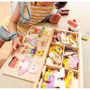 Planet Gates Little bear change clothes Children's early education Wooden jigsaw Puzzle Dressing game Baby Wooden Puzzle toys free shipping