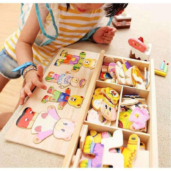 Planet Gates Little bear change clothes Children's early education Wooden jigsaw Puzzle Dressing game Baby Wooden Puzzle toys free shipping