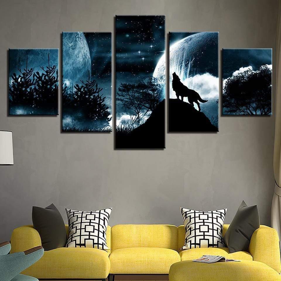 Planet Gates Living Room Modular Pictures HD Printed Canvas 5 Panel Full Moon Night Forest Wolf Framed Wall Art Painting Poster Home Decor