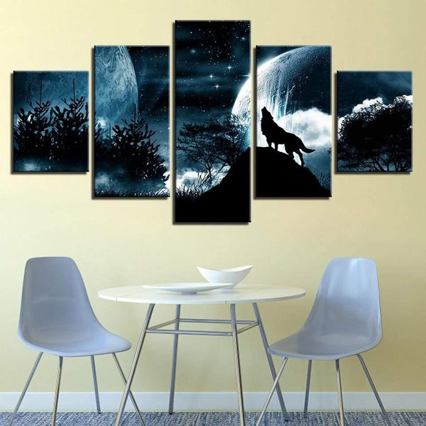 Planet Gates Living Room Modular Pictures HD Printed Canvas 5 Panel Full Moon Night Forest Wolf Framed Wall Art Painting Poster Home Decor