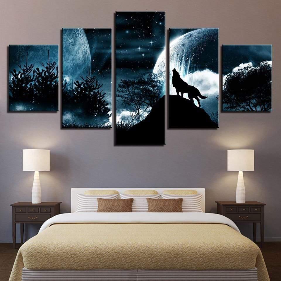 Planet Gates Living Room Modular Pictures HD Printed Canvas 5 Panel Full Moon Night Forest Wolf Framed Wall Art Painting Poster Home Decor