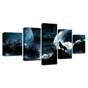 Planet Gates Living Room Modular Pictures HD Printed Canvas 5 Panel Full Moon Night Forest Wolf Framed Wall Art Painting Poster Home Decor
