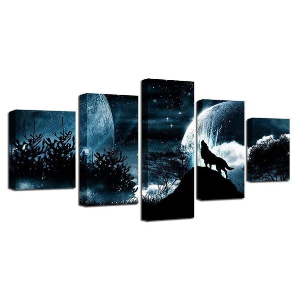 Planet Gates Living Room Modular Pictures HD Printed Canvas 5 Panel Full Moon Night Forest Wolf Framed Wall Art Painting Poster Home Decor