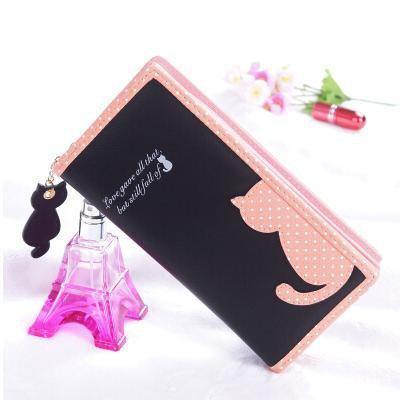 Planet Gates Long Black Women Wallets Zipper Lady Handbags Clutch Coin Purse Cards Holder PU Leather Brand Cat Woman Wallet Moneybags Purse Bags
