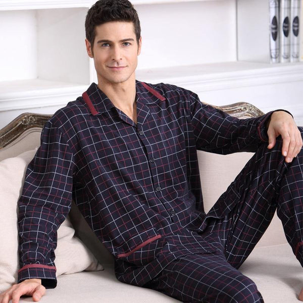 Planet Gates Long Sleeve Sleepwear Cotton Plaid Cardigan Pyjamas Men Lounge Pajama Sets Plus size 4XL Sleep