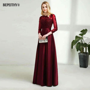 Planet Gates Long Sleeves Burgundry Long Evening Dresses 2018 Floor Length Vintage Lace Top Cheap Prom Dresses