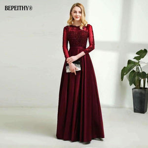 Planet Gates Long Sleeves Burgundry Long Evening Dresses 2018 Floor Length Vintage Lace Top Cheap Prom Dresses