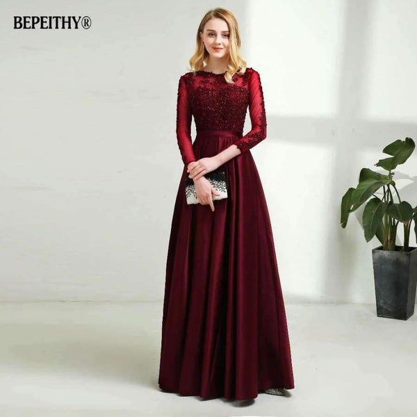 Planet Gates Long Sleeves Burgundry Long Evening Dresses 2018 Floor Length Vintage Lace Top Cheap Prom Dresses