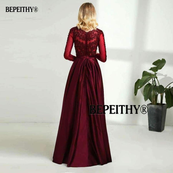 Planet Gates Long Sleeves Burgundry Long Evening Dresses 2018 Floor Length Vintage Lace Top Cheap Prom Dresses