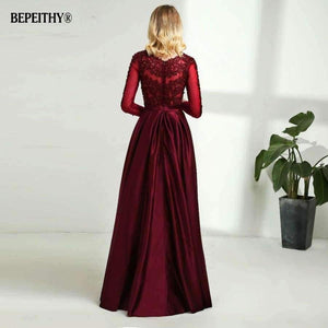 Planet Gates Long Sleeves Burgundry Long Evening Dresses 2018 Floor Length Vintage Lace Top Cheap Prom Dresses