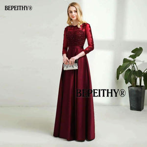Planet Gates Long Sleeves Burgundry Long Evening Dresses 2018 Floor Length Vintage Lace Top Cheap Prom Dresses