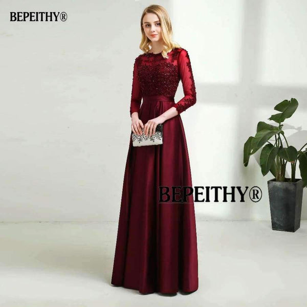 Planet Gates Long Sleeves Burgundry Long Evening Dresses 2018 Floor Length Vintage Lace Top Cheap Prom Dresses