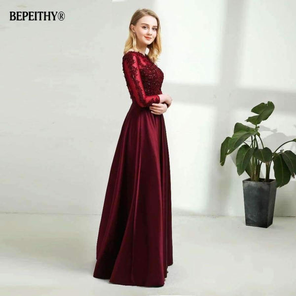 Planet Gates Long Sleeves Burgundry Long Evening Dresses 2018 Floor Length Vintage Lace Top Cheap Prom Dresses