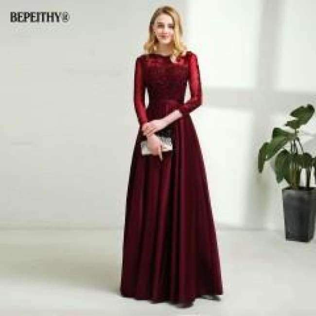 Planet Gates Long Sleeves Burgundry Long Evening Dresses 2018 Floor Length Vintage Lace Top Cheap Prom Dresses