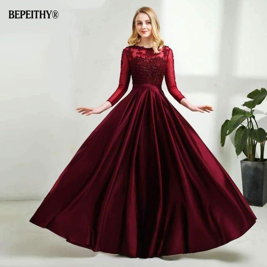 Planet Gates Long Sleeves Burgundry Long Evening Dresses 2018 Floor Length Vintage Lace Top Cheap Prom Dresses