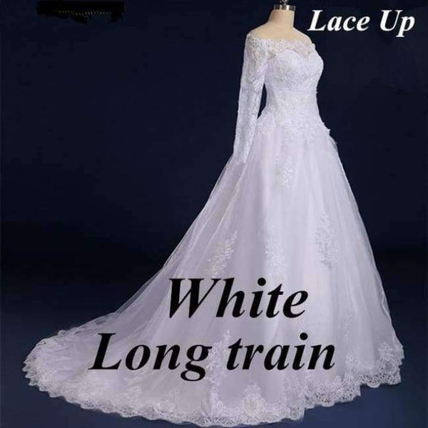 Planet Gates Long Train Lace up / 6 Vestido De Noiva Beaded Appliqued Long Sleeve Lace Wedding Dress 2018 Boat Neck Wedding Dress